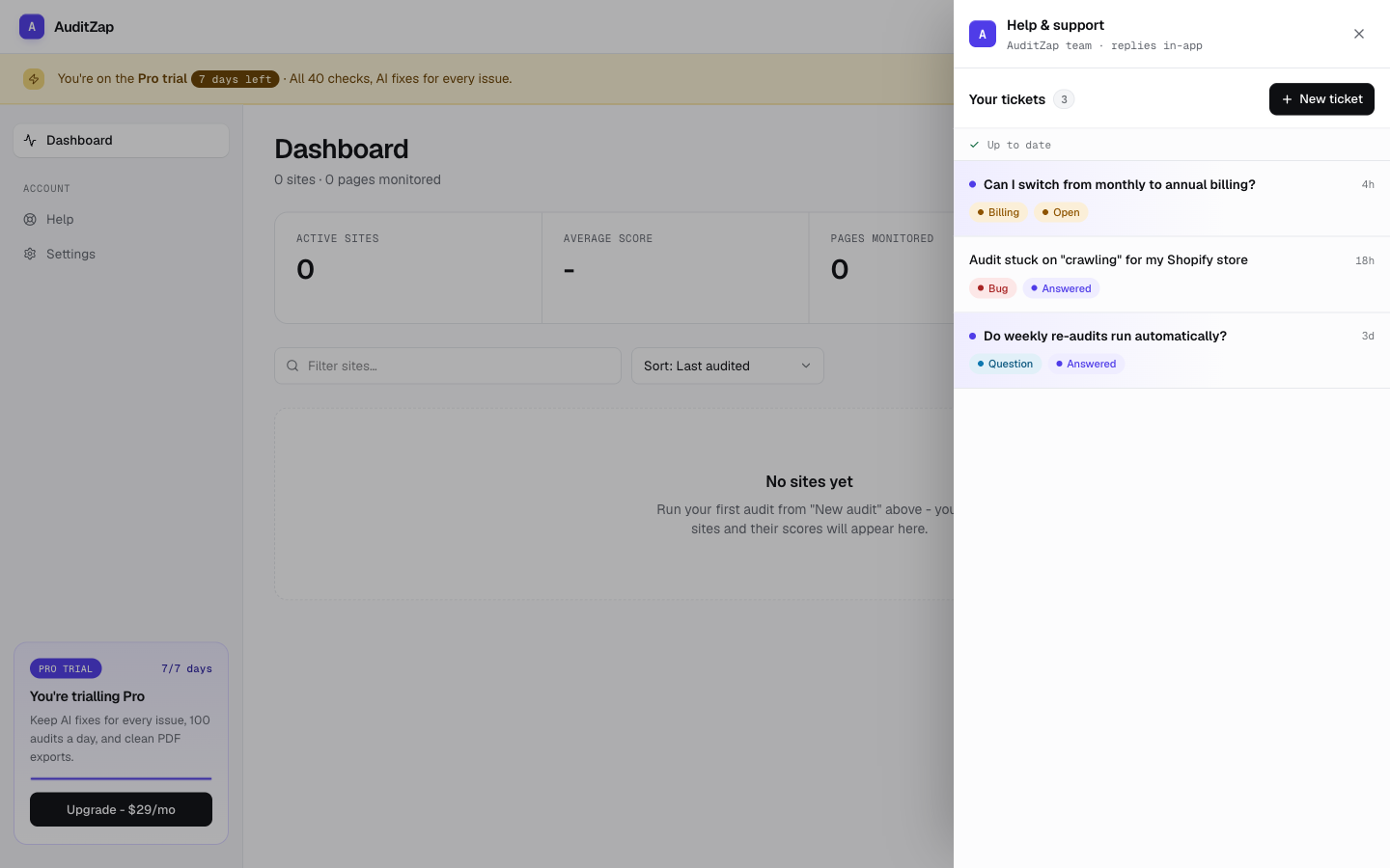 The floating Help panel sliding in over the dashboard, showing your open conversations