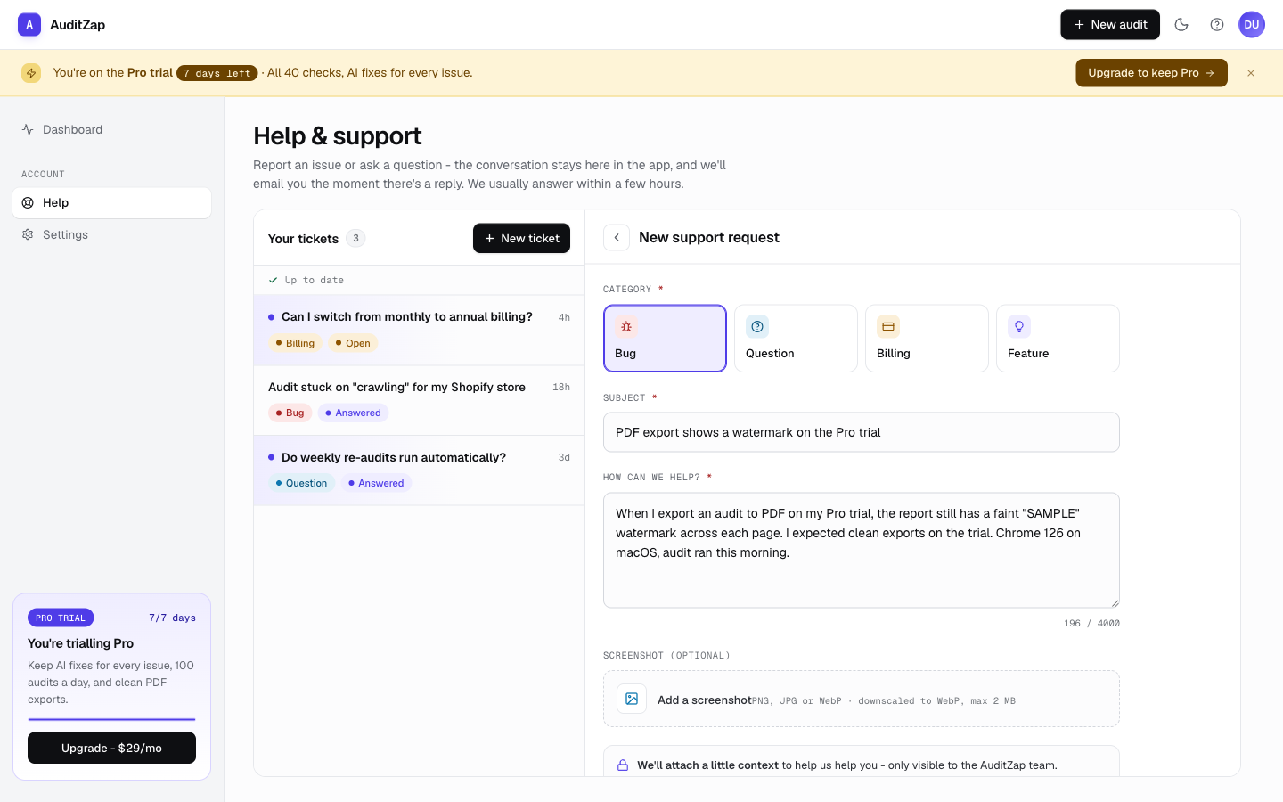Starting a new support request: pick a category, add a subject and description, and optionally attach a screenshot